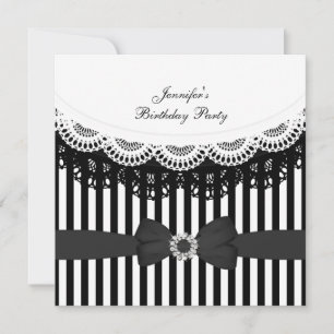 Invitation Fête d'anniversaire Noir Blanc Dentelle Nœud Rayur