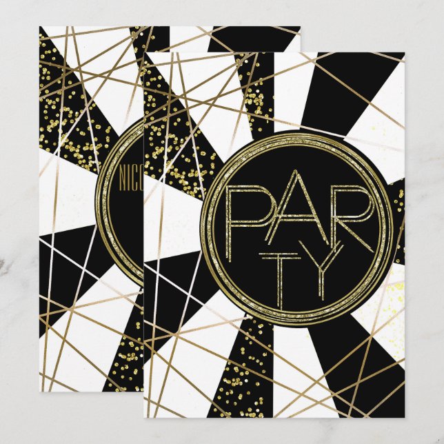Invitation FÊTE D'Anniversaire Noir Blanc Glam Deco (Devant / Derrière)