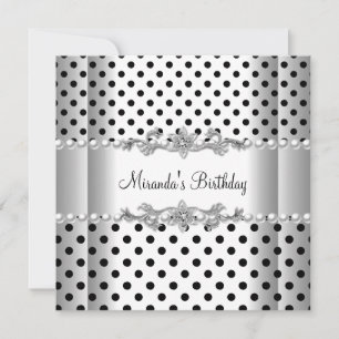 Invitation Fête d'anniversaire Noir Blanc Perle pois