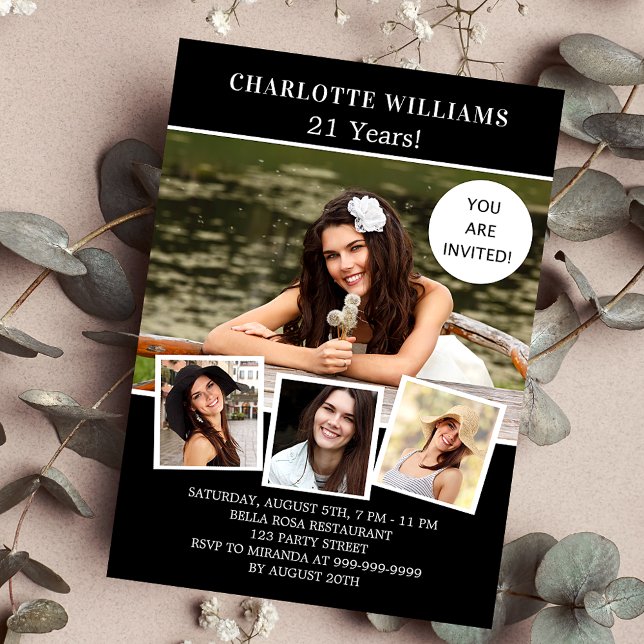 Invitation fête d'anniversaire noir blanc photo collage luxe (Créateur téléchargé)