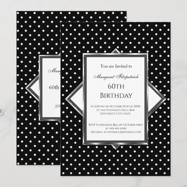 Invitation Fête d'anniversaire noir blanc pois (Devant / Derrière)
