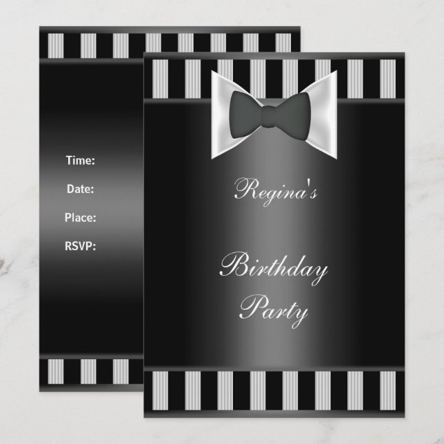 Invitation Fête d'anniversaire Noir Blancs Bande cravate Bow (Devant / Derrière)