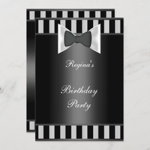 Invitation Fête d'anniversaire Noir Blancs Bande cravate Bow