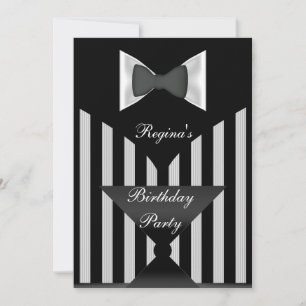 Invitation Fête d'anniversaire Noir Blancs Bande cravate Bow