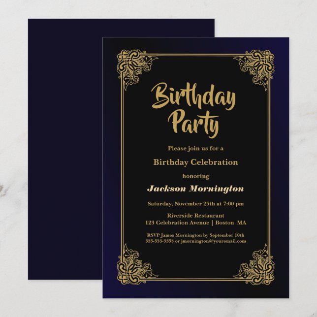 Invitation Fête d'anniversaire Noir et Or (Devant / Derrière)
