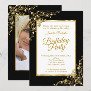 Invitation Fête d'anniversaire noir Or Blanc Photo