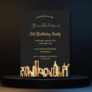 Invitation fête d'anniversaire noir or ville skyline