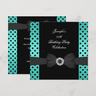 Invitation Fête d'anniversaire Noir Pois Turquoises Bow