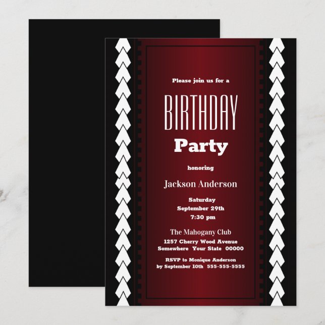 Invitation Fête d'anniversaire noir rouge et blanc (Devant / Derrière)