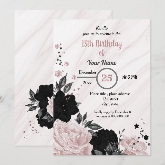 Invitation Fête d'anniversaire noire et rose douce (Devant / Derrière)