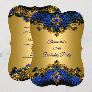Invitation Fête d'anniversaire noire or bleu gemme royal élit