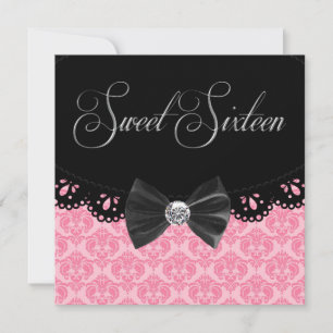 Invitation Fête d'anniversaire noire rose de sweet sixteen de