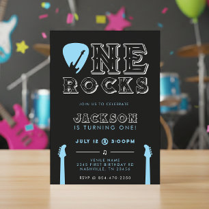 Invitation Fête d'anniversaire One Rocks Plectre Bleu 1 an