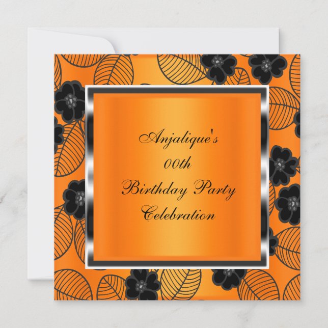 Invitation Fête d'anniversaire Orange Damask Argent Noir (Devant)