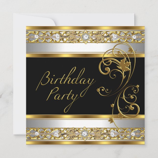 Invitation Fête d'anniversaire Ornat Black Gold White Image (Devant)
