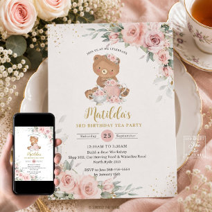 Invitation Fête d'anniversaire ours en peluche floral rose pa