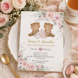 Invitation Fête d'anniversaire ours en peluche rose thé flora