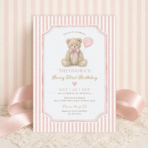 Invitation Fête d'anniversaire ourson première année à rayure