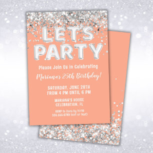 Invitation Fête d'anniversaire Paillettes Argentées Peach