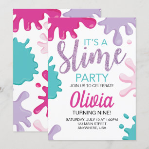 Invitation Fête d'anniversaire paillettes de Slime rose