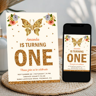 Invitation Fête d'anniversaire papillon floral or faux pour p