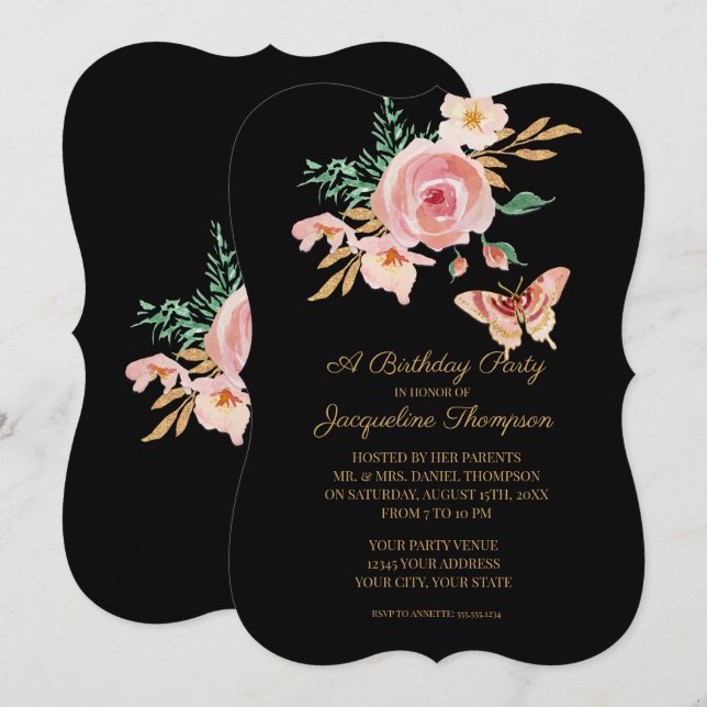Invitation Fête d'anniversaire Papillon noir et blanc avec fl (Devant / Derrière)