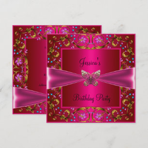 Invitation Fête d'anniversaire papillon rose fuchsia floral