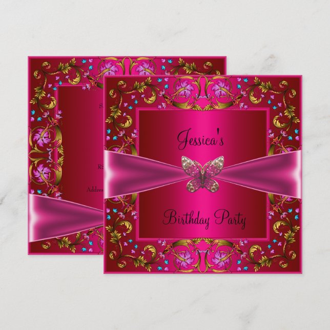Invitation Fête d'anniversaire papillon rose fuchsia floral (Devant / Derrière)