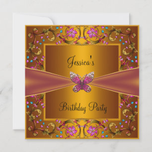 Invitation Fête d'anniversaire papillon rose or jaune floral