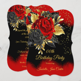 Invitation Fête d'anniversaire Papillon Rose rouge Floral Or