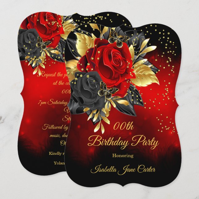 Invitation Fête d'anniversaire papillon Rouge Rose Floral Or  (Devant / Derrière)