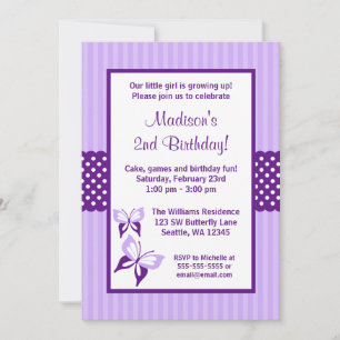 Invitation Fête d'anniversaire Papillon Violet à Rayures à Po