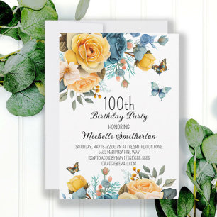 Invitation Fête d'anniversaire papillons floraux bleu poussié