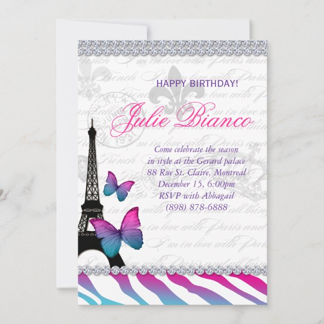 Invitation Fête d'anniversaire Paris Card Les Papillons de la (Devant)