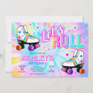 Invitation Fête d'anniversaire patin à roulettes Tie Dye Neon