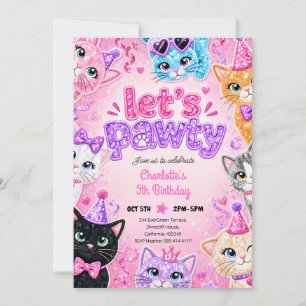 Invitation Fête d'anniversaire Patte de Chat Pailleté Rose 5
