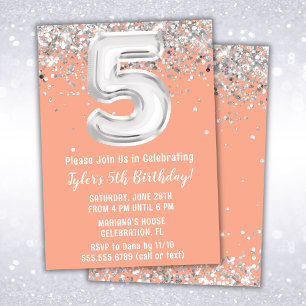 Invitation Fête d'anniversaire Peach Silver 5 ans