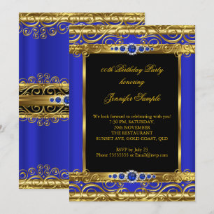 Invitation Fête d'anniversaire perle damassé or bleu royal él