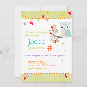 Invitation Fête d'anniversaire personnalisée Aqua/Lime Owl