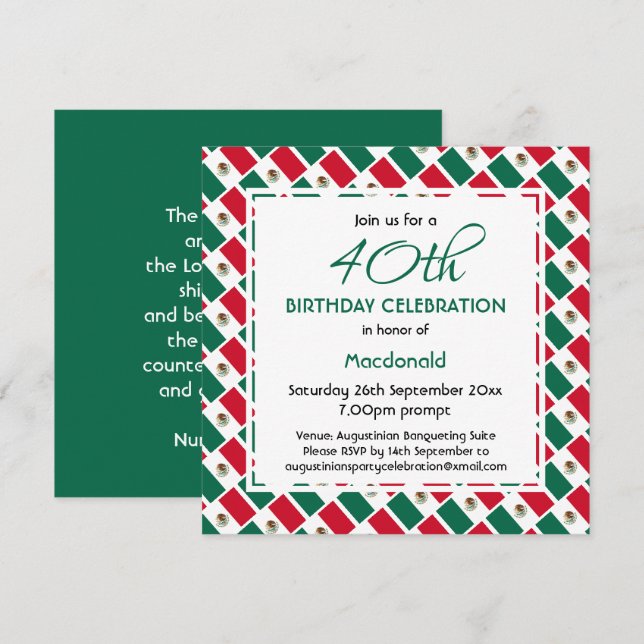 Invitation Fête d'anniversaire personnalisée du DRAPEAU MEXIQ (Devant / Derrière)