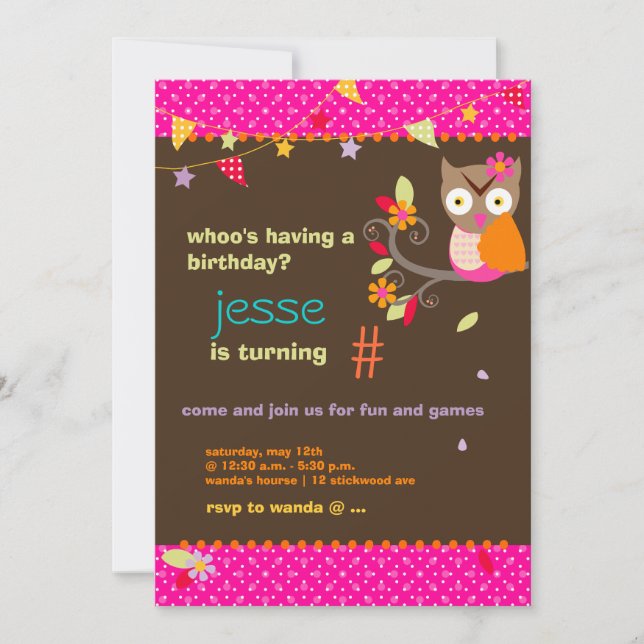 Invitation Fête d'anniversaire personnalisée du hibou rose /  (Devant)