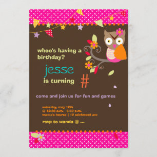 Invitation Fête d'anniversaire personnalisée du hibou rose / 