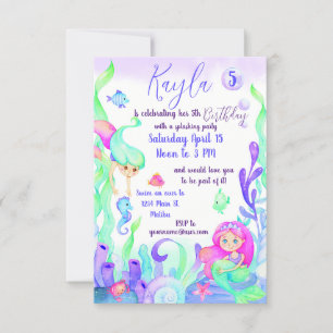 Invitation Fête d'anniversaire personnalisée sirènes aquarell