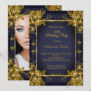 Invitation Fête d'anniversaire Photo Diamant gemme Bleu Nuit 