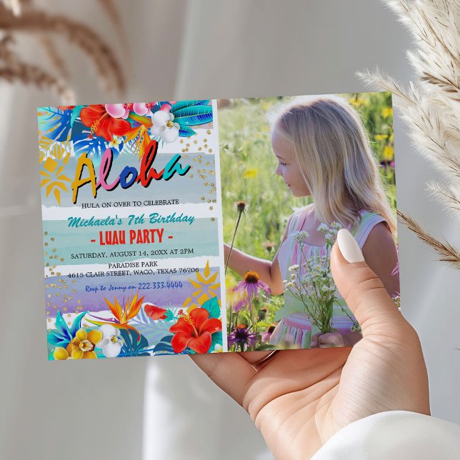 Invitation Fête d'anniversaire photo Luau Floral Tropical Alo (Créateur téléchargé)
