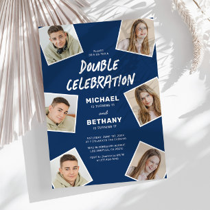 Invitation Fête d'anniversaire photo moderne à joint bleu