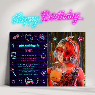Invitation Fête d'anniversaire photo pour enfants néon pop ré