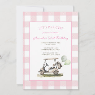 Invitation Fête d'anniversaire Pink Gingham Let's Par-Tee Gol