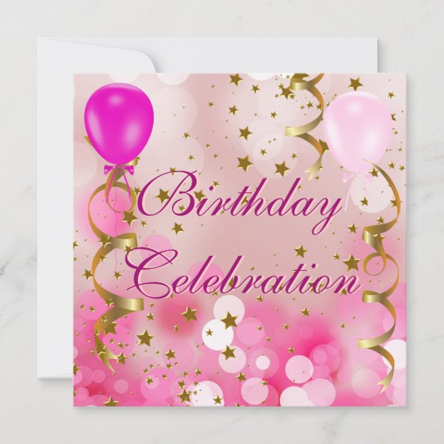 Invitation Fête d'anniversaire Pink Gold Stars Balloon (Devant)