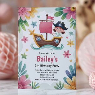 Invitation Fête d'anniversaire pirate pour filles à l'aquarel